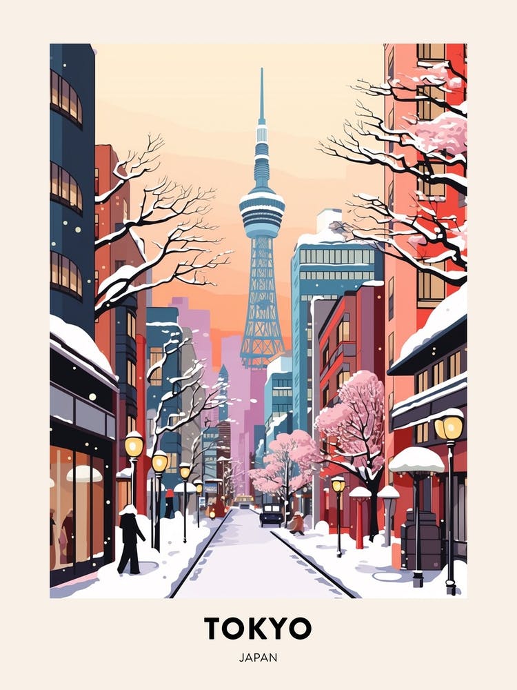 Vintage Winter Travel Poster Tokyo Japan 2