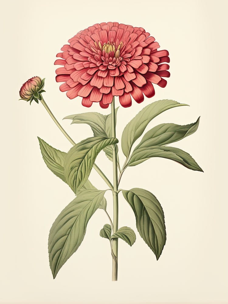 Zinnias Flower Vintage Botanical 1