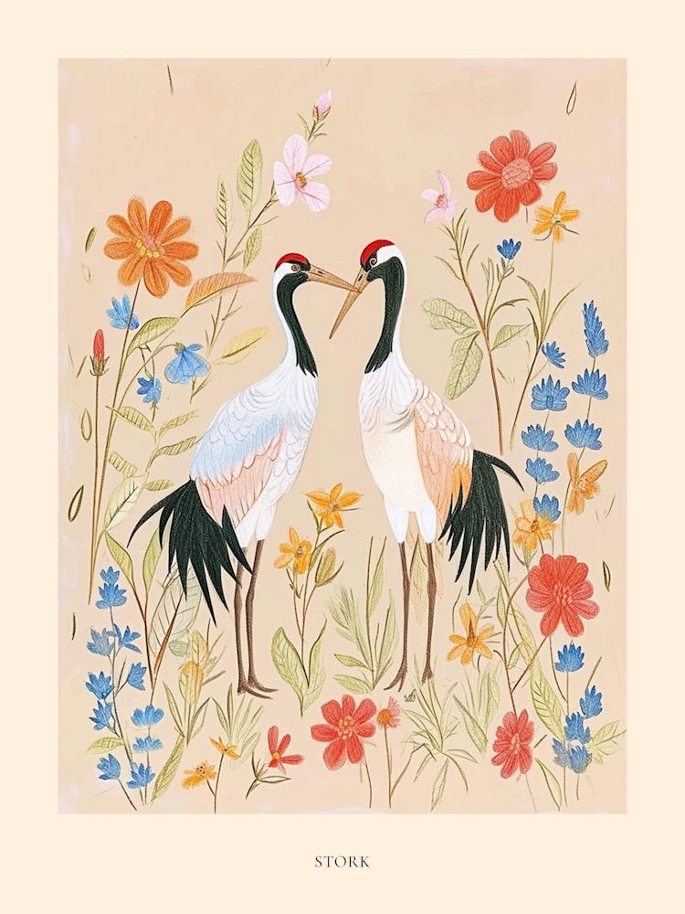 Volkstümliche Blumen Tierzeichnung Storch Poster