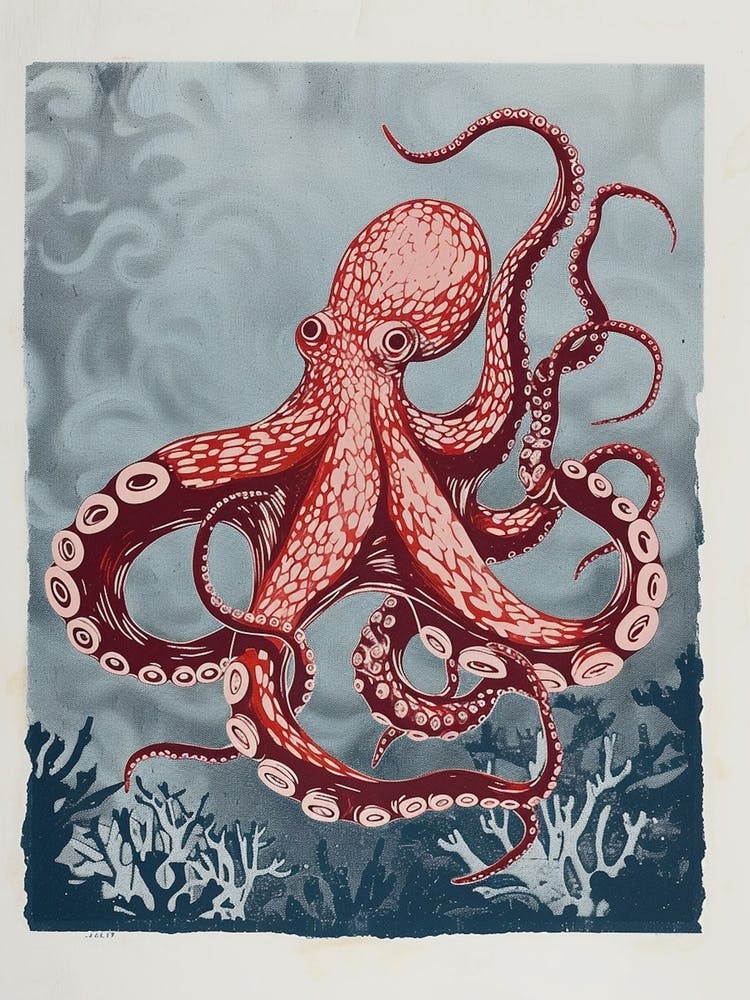 Detailed Octopus On The Ocean Floor Linocut Inspired 2