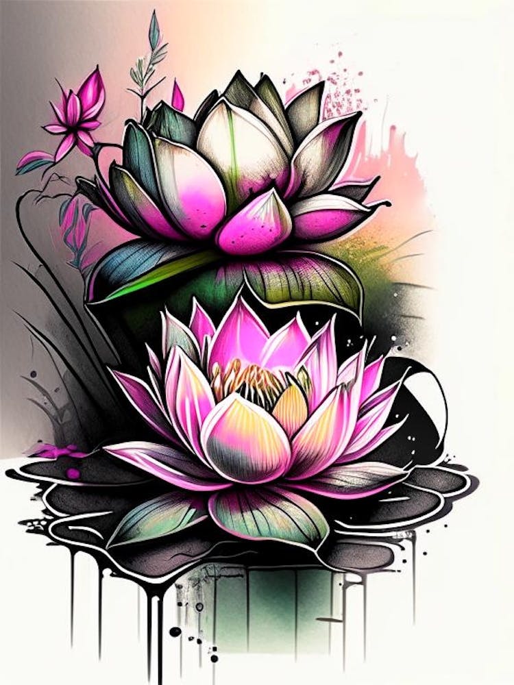 Lotus Flowers In Garden Graffiti 1