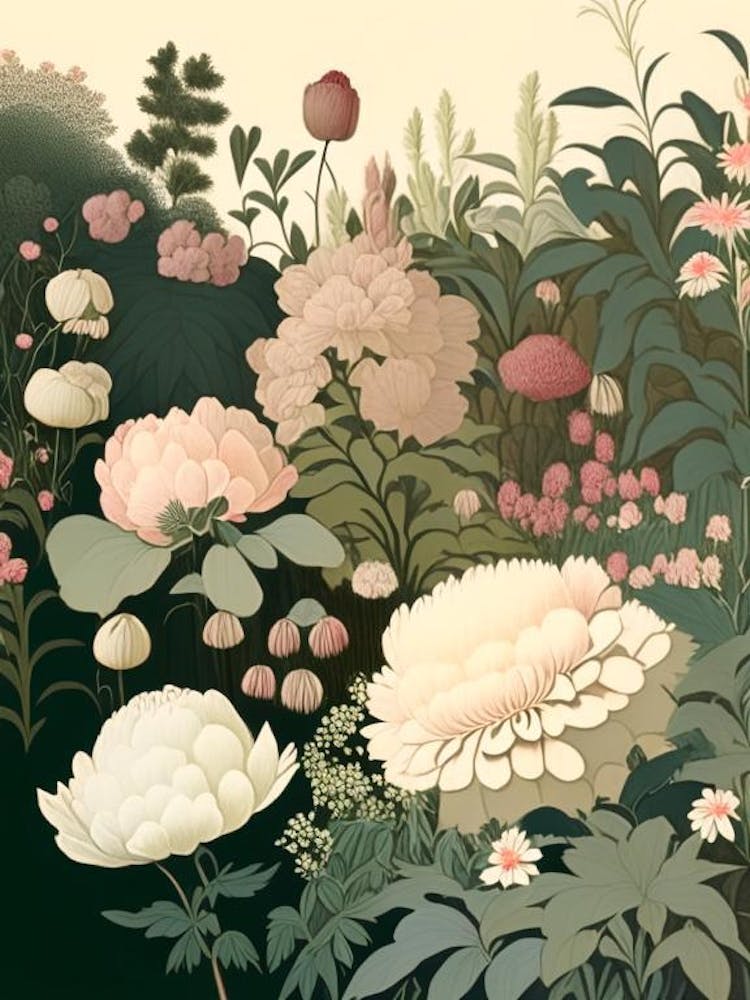 Mixed Perennial Beds Of Peonies 3 Vintage Sketch