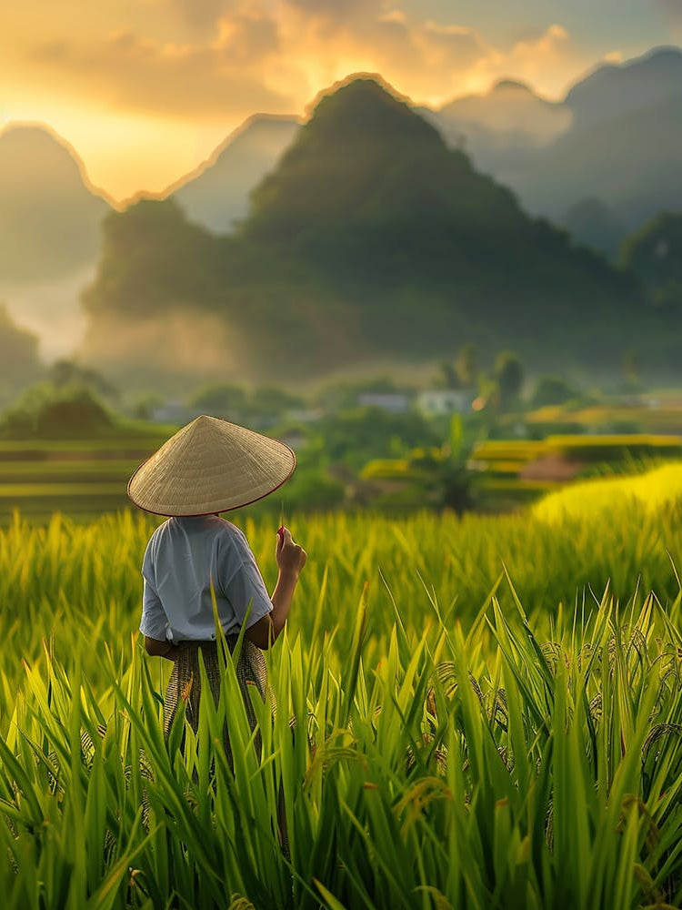 Asian Woman In Rice Field