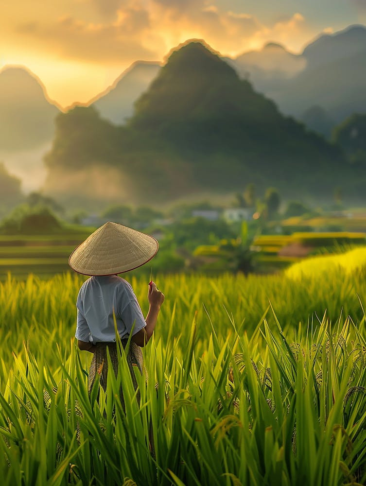 Asian Woman In Rice Field