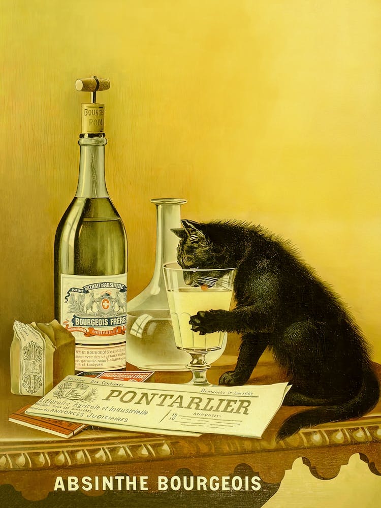 Absinthe Bourgeoisie, Cat Sipping Liquor, Vintage Alcoholic Beverage Poster, Bar Cart Decor