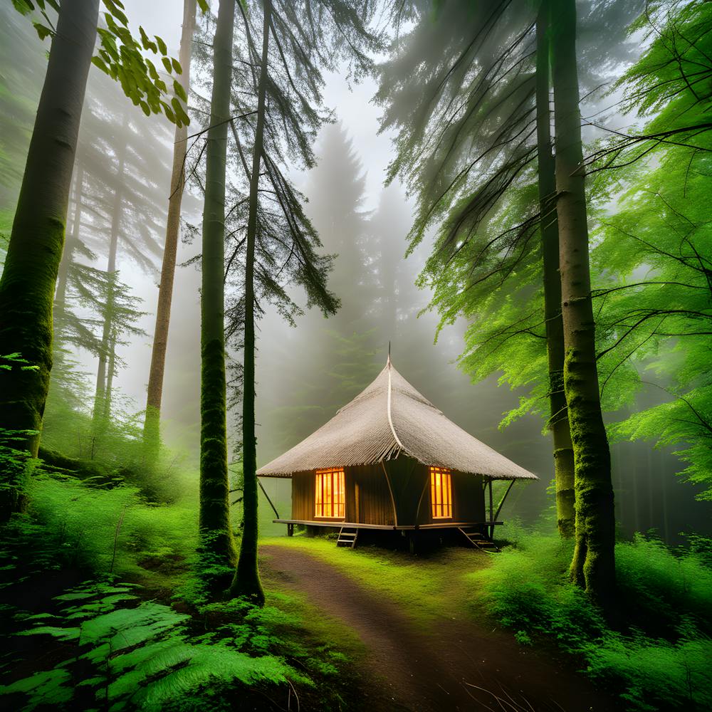A Dense Forest With Trees And A Bright Hut With Bright Windows And Light Fog (1)