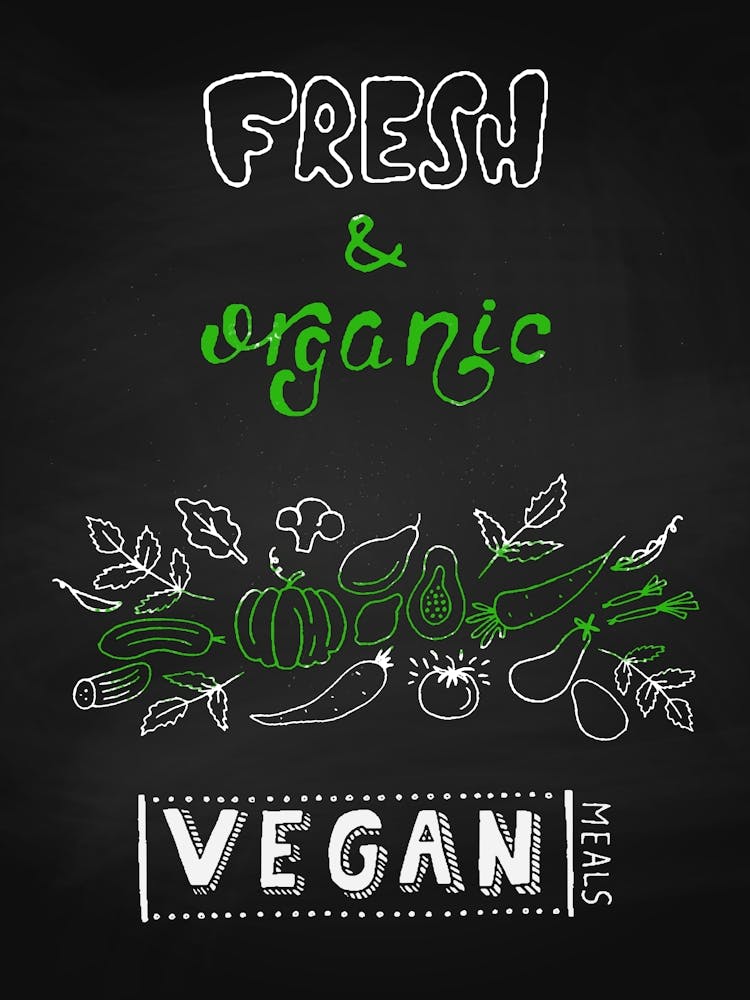 Fresh And Organic Vegan Chalkboard- food poster, kitchen wall art