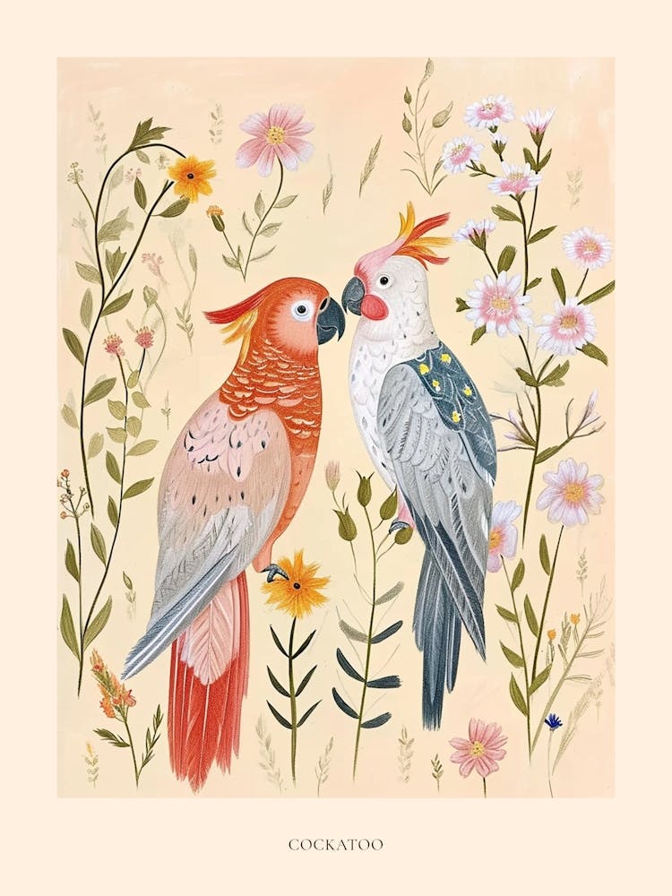 Affiche Cacatoès - Dessin Animal Floral Folklorique