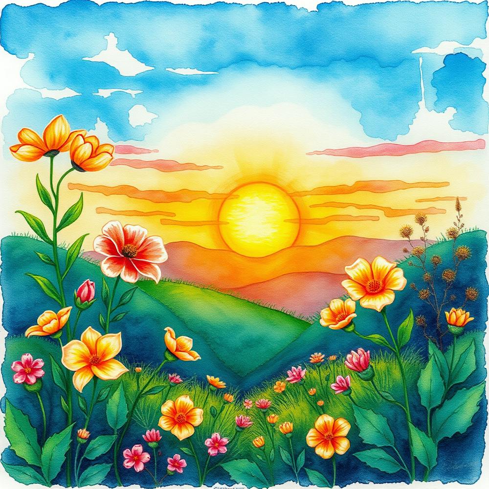 Watercolor Of Flowers In The Countryside