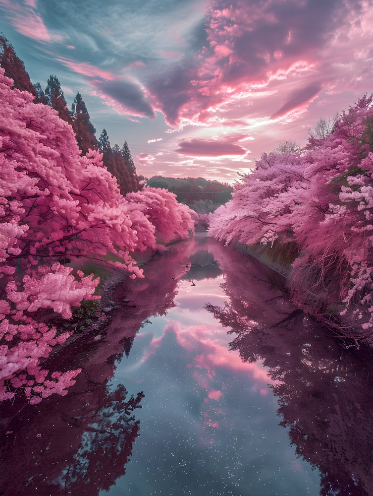 Cherry Blossoms And River At Sunset