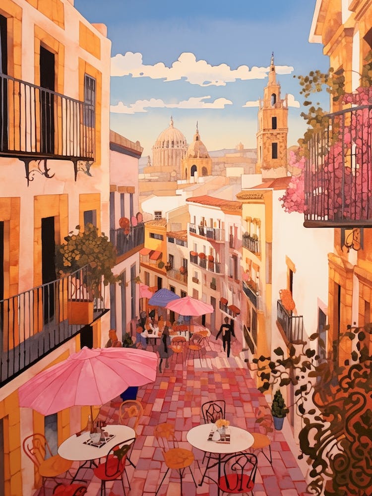 Seville Spain 2 Vintage Pink Travel Illustration