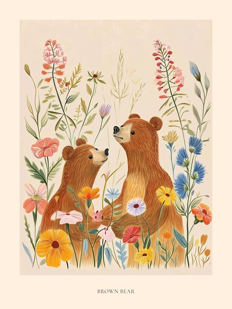 Folksy Floral Animal Drawing Brown Bear 3 Poster