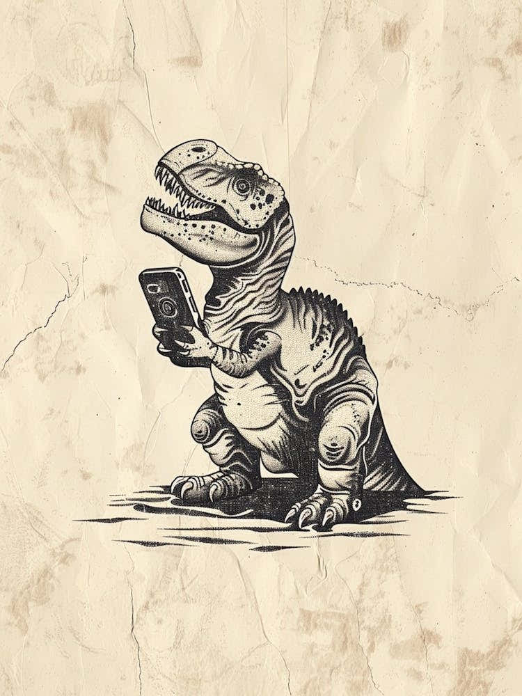 Dinosaur & A Smart Phone Black Shading Sketch 2