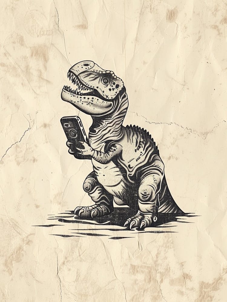 Dinosaur & A Smart Phone Black Shading Sketch 2