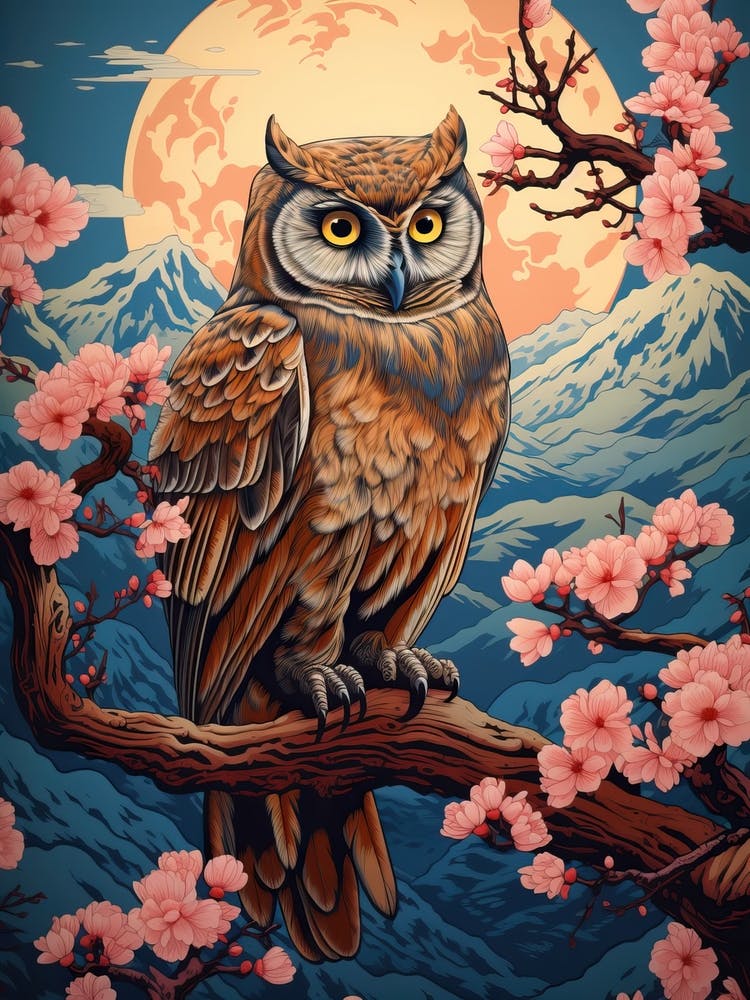 Owl Animal Drawing In The Style Of Ukiyo E 3