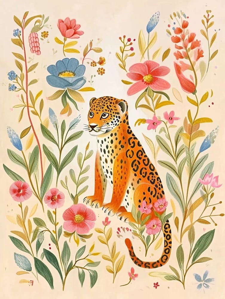 Folksy Floral Animal Drawing Jaguar 3