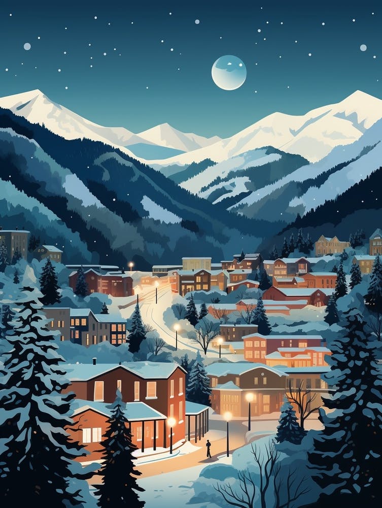 Winter Travel Night Illustration Aspen Colorado 1