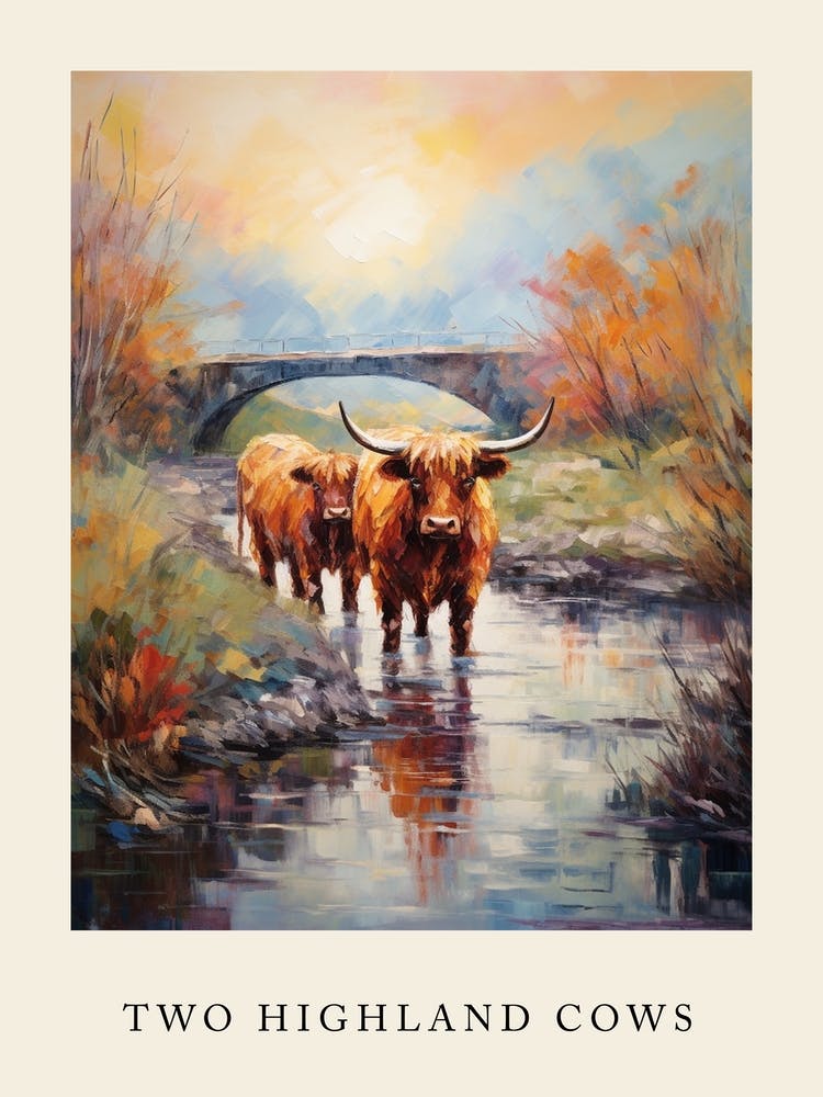 Two Highland Cows Walking Down The River