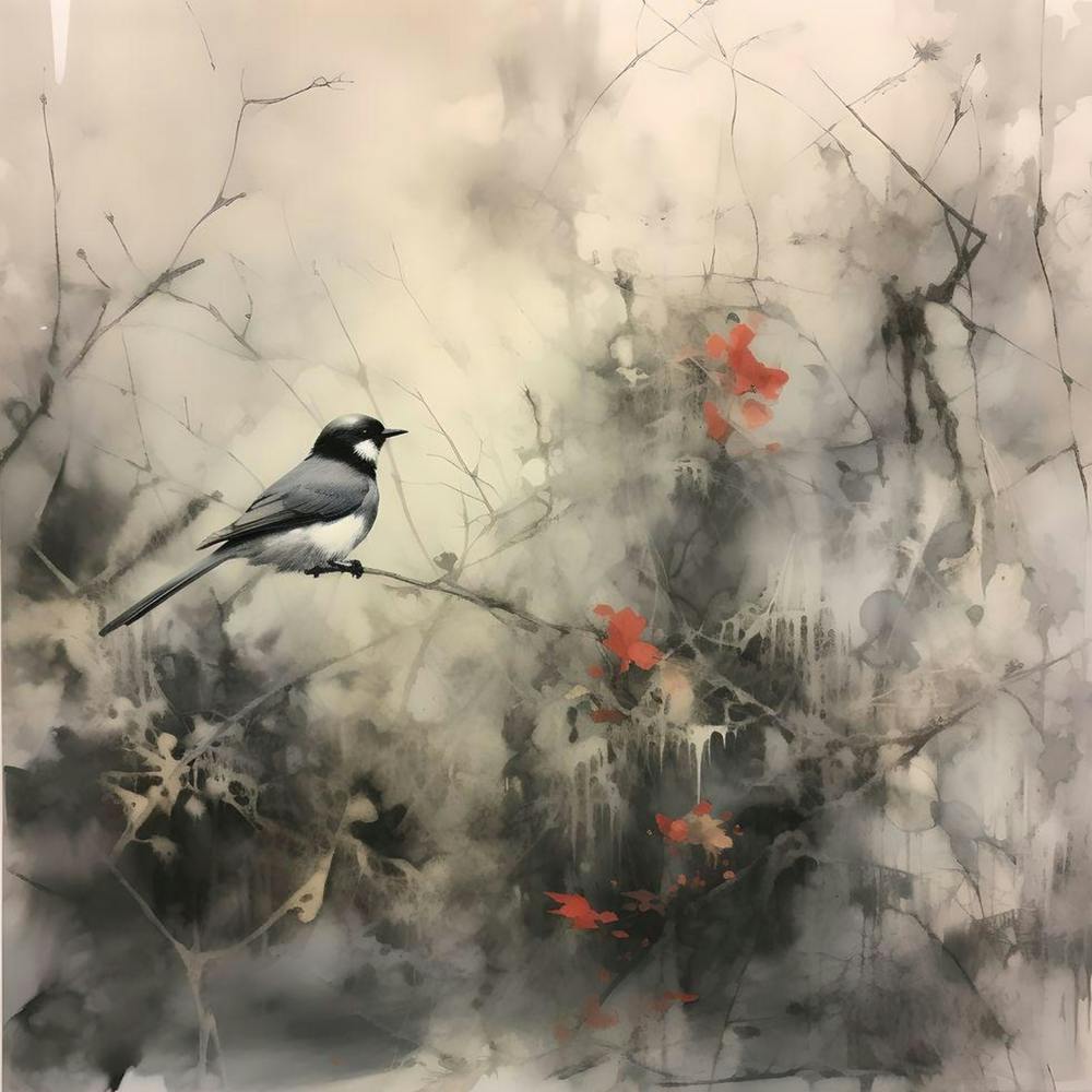 Peinture Oiseaux & Fleurs Encre & Aquarelle
