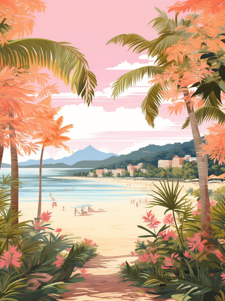 An Illustration In Pink Tones Of Palawan Beach Sentosa Island 2