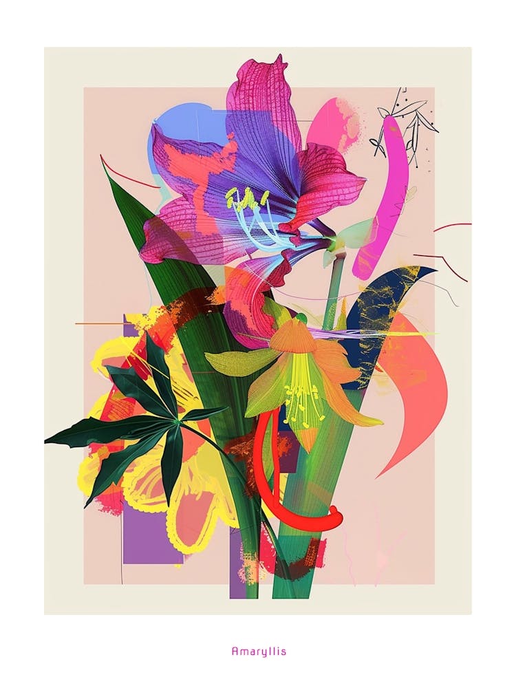 Amaryllis 4 Neon Flower Collage Poster