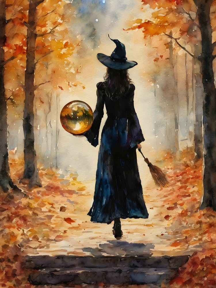A Magical Autumn Day ~ Witchy Witches Pagan Fall Wheel of the Year Spooky Fairytale Watercolour  