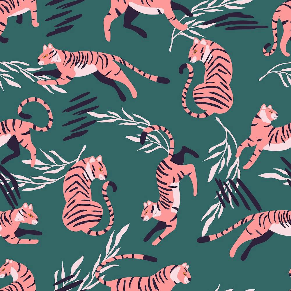 Pink Tiger Pattern On Green With Decoration Square
