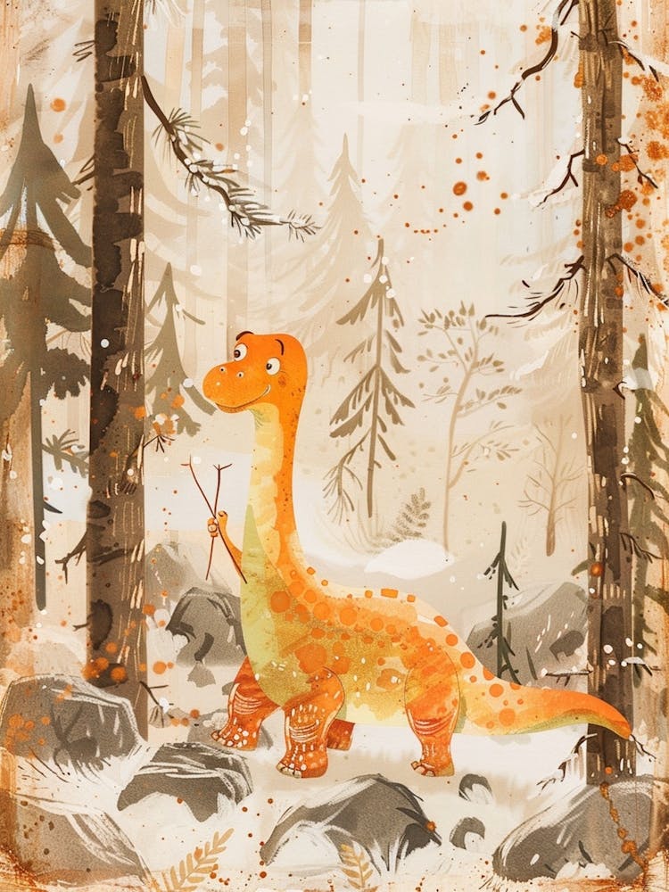 Orangener Dinosaurier beim Stöckesammeln im Märchenbuch-Stil