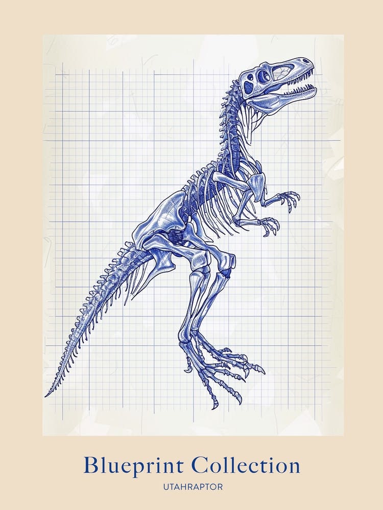 Utahraptor Dinosaur Skeleton Blue Print Style Poster