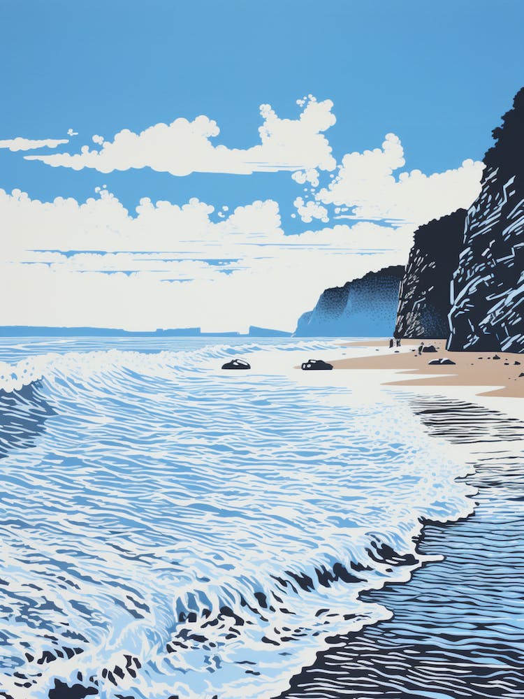 Linocut Of Blackpool Sands Devon 2