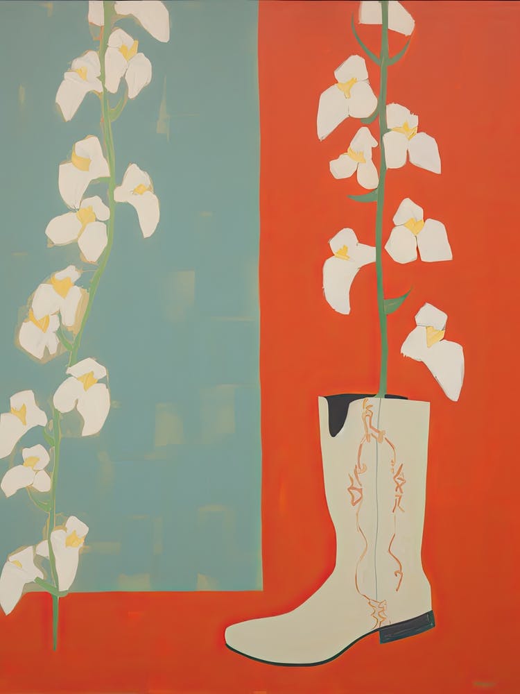A Painting Of Cowboy Boots With White Flowers, Pop Art Style 17
