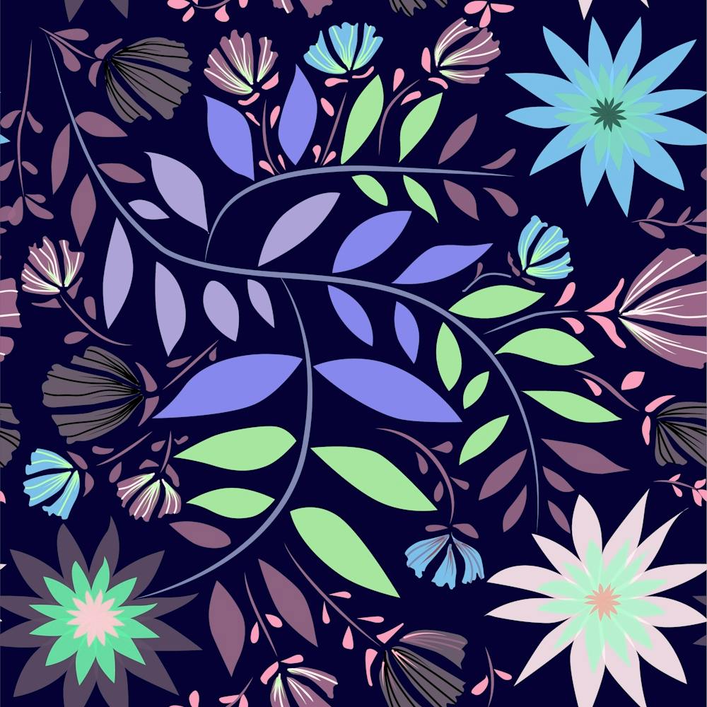 Wildflower pattern in light blue tones on a blue background, elaborate pattern