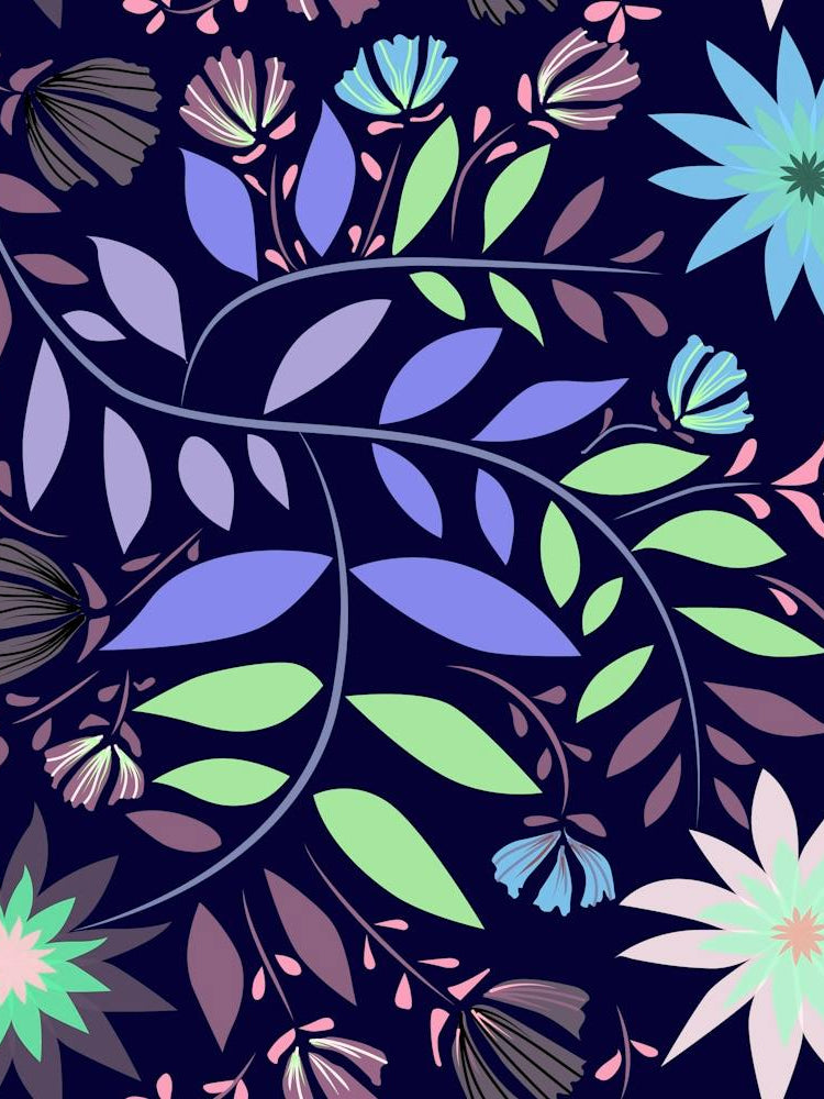 Wildflower pattern in light blue tones on a blue background, elaborate pattern