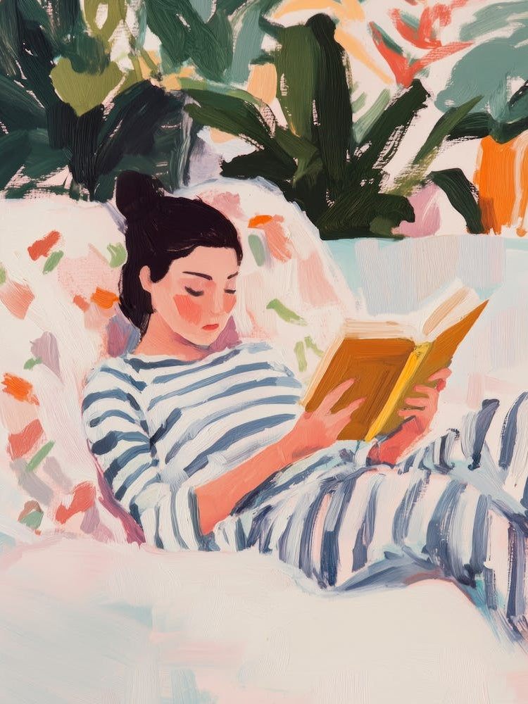 Woman Reading in Bed Gouache Painting