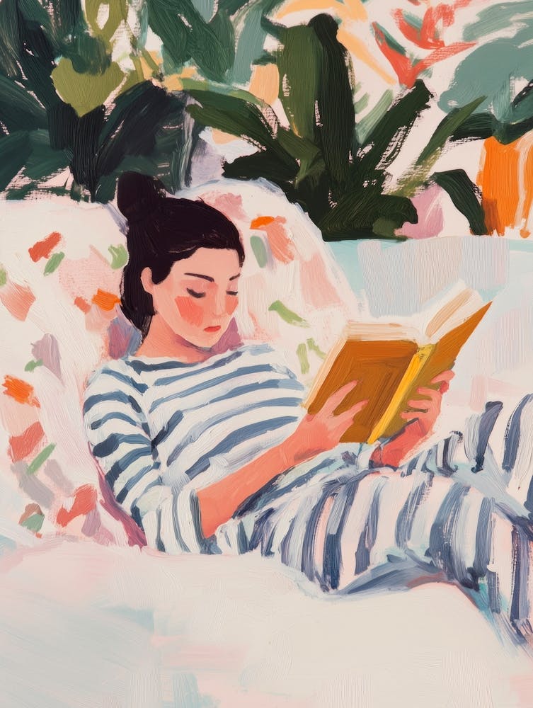 Woman Reading in Bed Gouache Painting