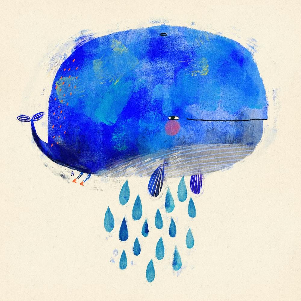 Flying Whale With Legs And Rainbow Rain Drops Square