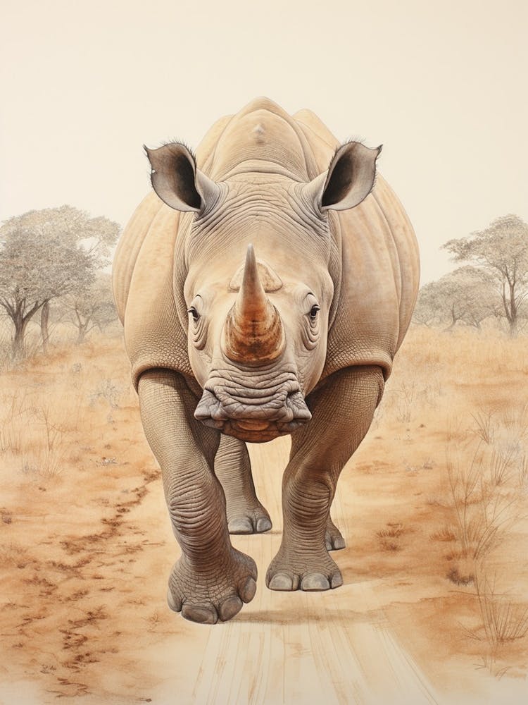 Rhino Walking On The Dusty Path