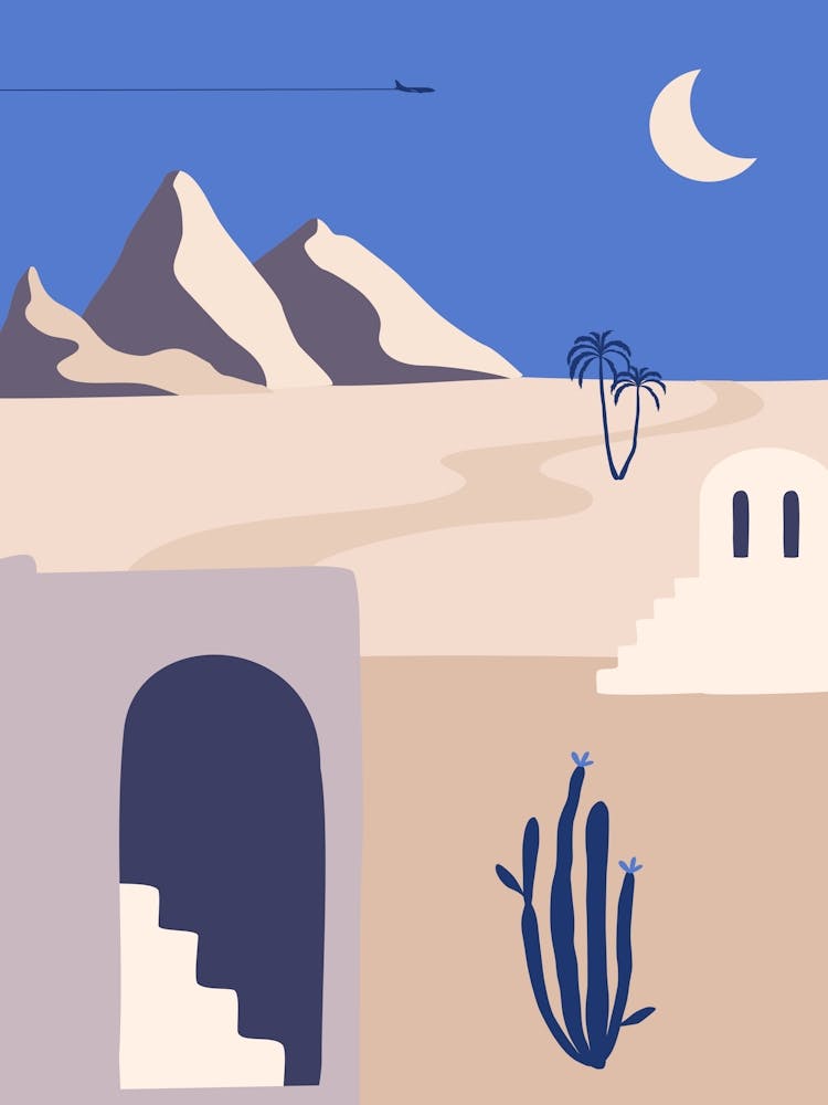 Desert Landscape. Boho, Boho decor: Egypt, Morocco night poster. Moon