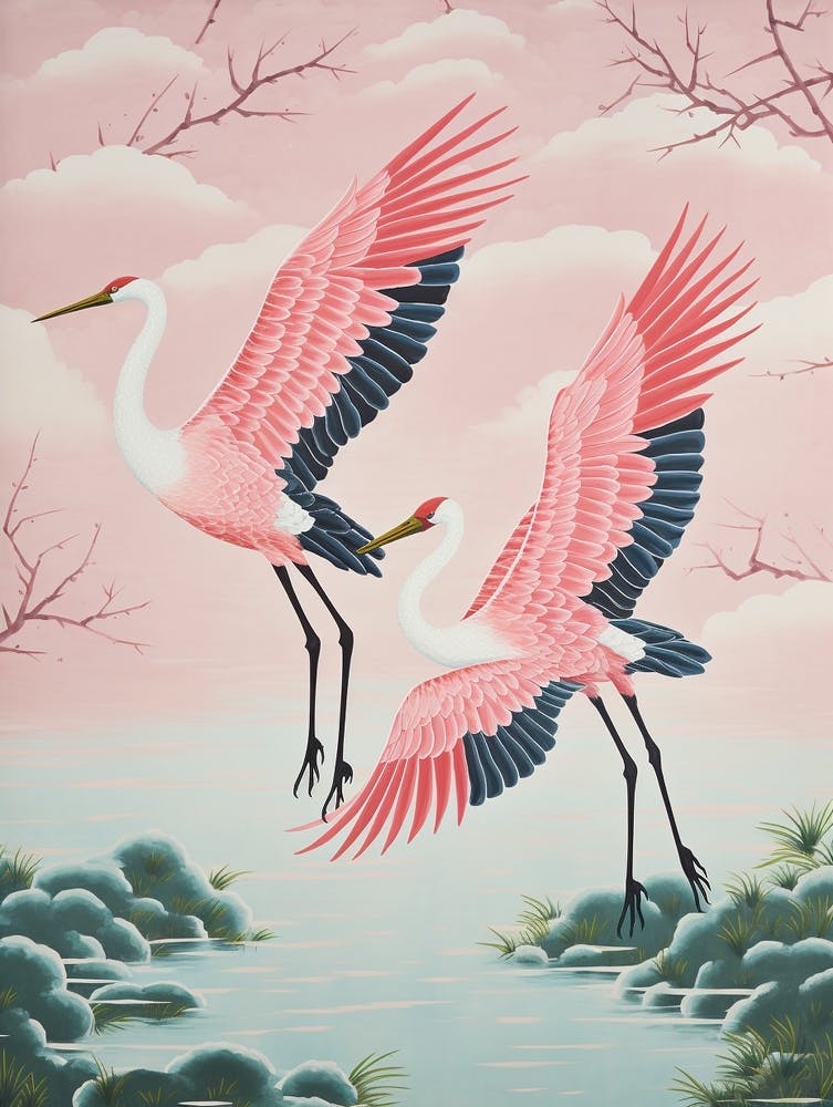 Vintage Japanese Inspired Bird Print Crane 2