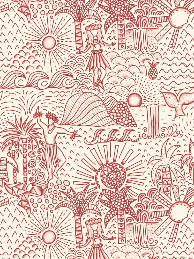 Hawaiian Toile Polynesian Hula Dance Tropical Landscape Cherry Red Cream White