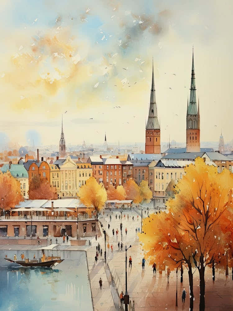Riga Latvia In Autumn Fall, Watercolour 3