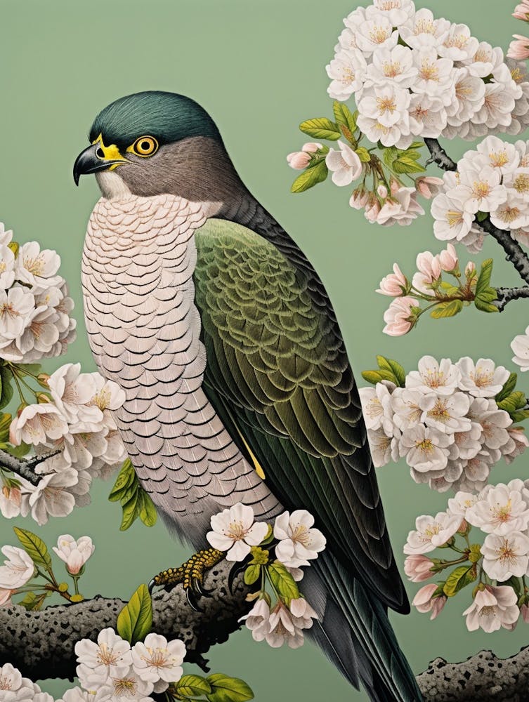 Ohara Koson Inspired Bird Painting Eurasian Sparrowhawk 1