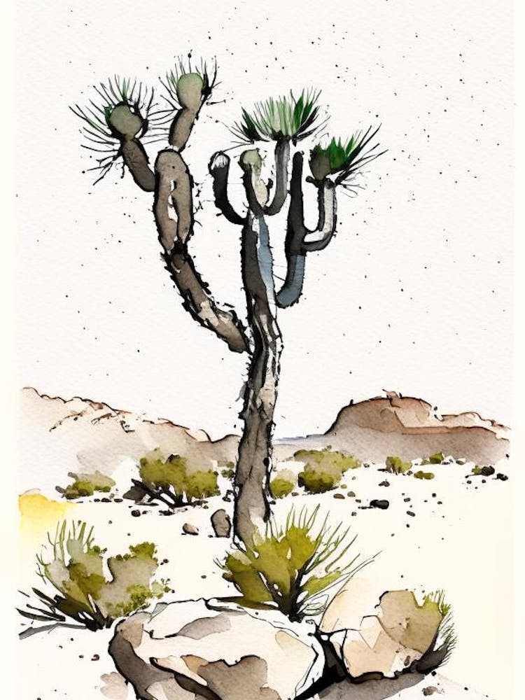 Joshua Tree Dans un Paysage Rocailleux Aquarelle Minimaliste (4)