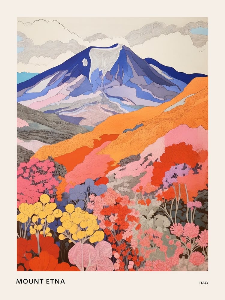 Mount Etna Italy Colourful Mountain Illustration Poster