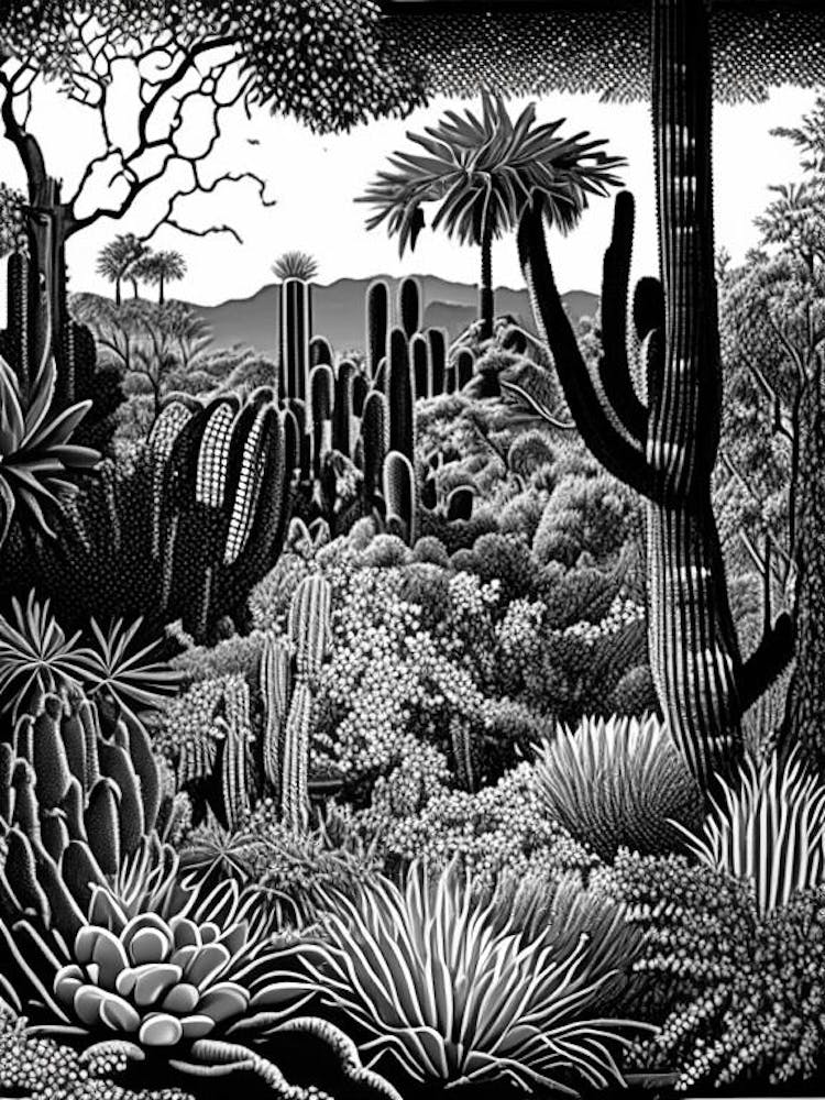Desert Botanical Garden, 1, Usa Linocut Black And White Vintage