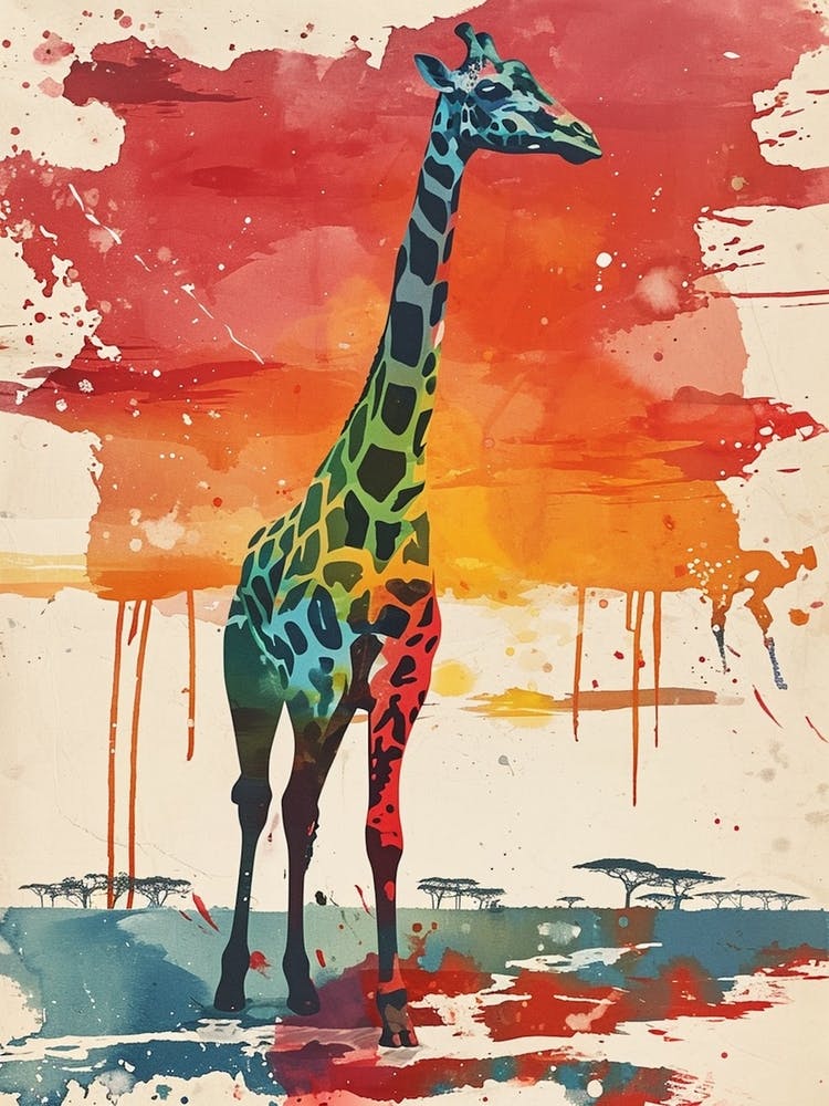 Giraffe Red Sunset Watercolour 1