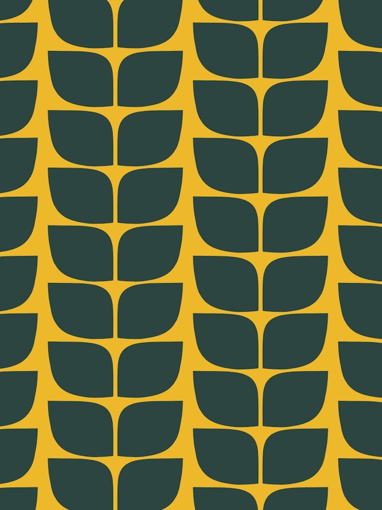 Mod Art Rows of Mid Century Modern Leaves Green on Yellow