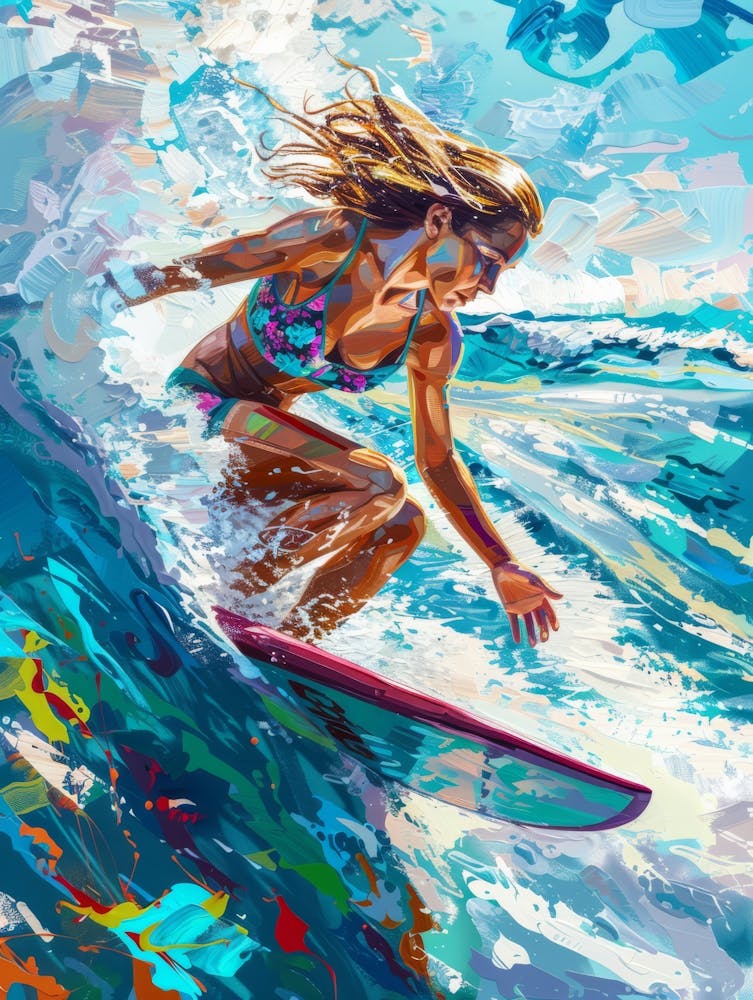 Girl In The Sea On The Waves Riding A Surfboard Painting In Pop Art Style 8