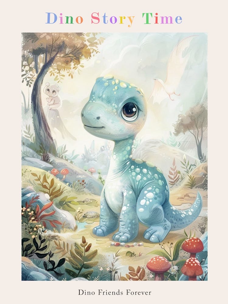 Blue Cute Dinosaur In The Meadow With Mushrooms Storybook Watercolour Painting Poster