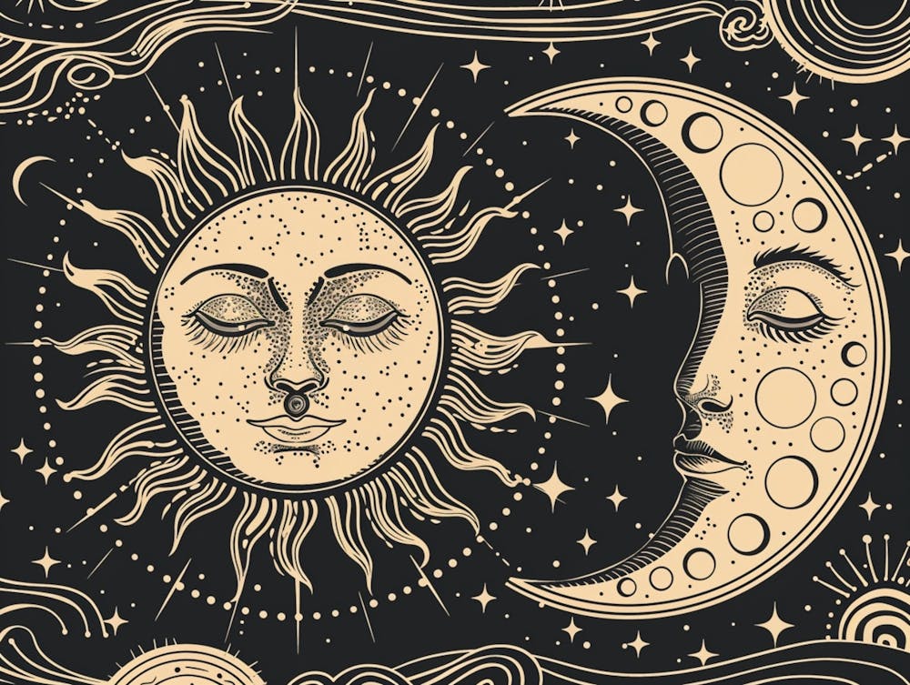 The Sun And Moon, With A Background Of Celestial Bodies, Stars, Clouds And Circles In Vector Graphics Linemaking Style